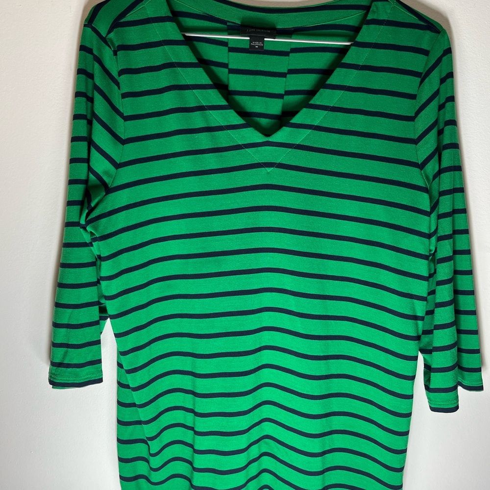J. Jill Green and Black Striped V-Neck Long Sleeve Tee